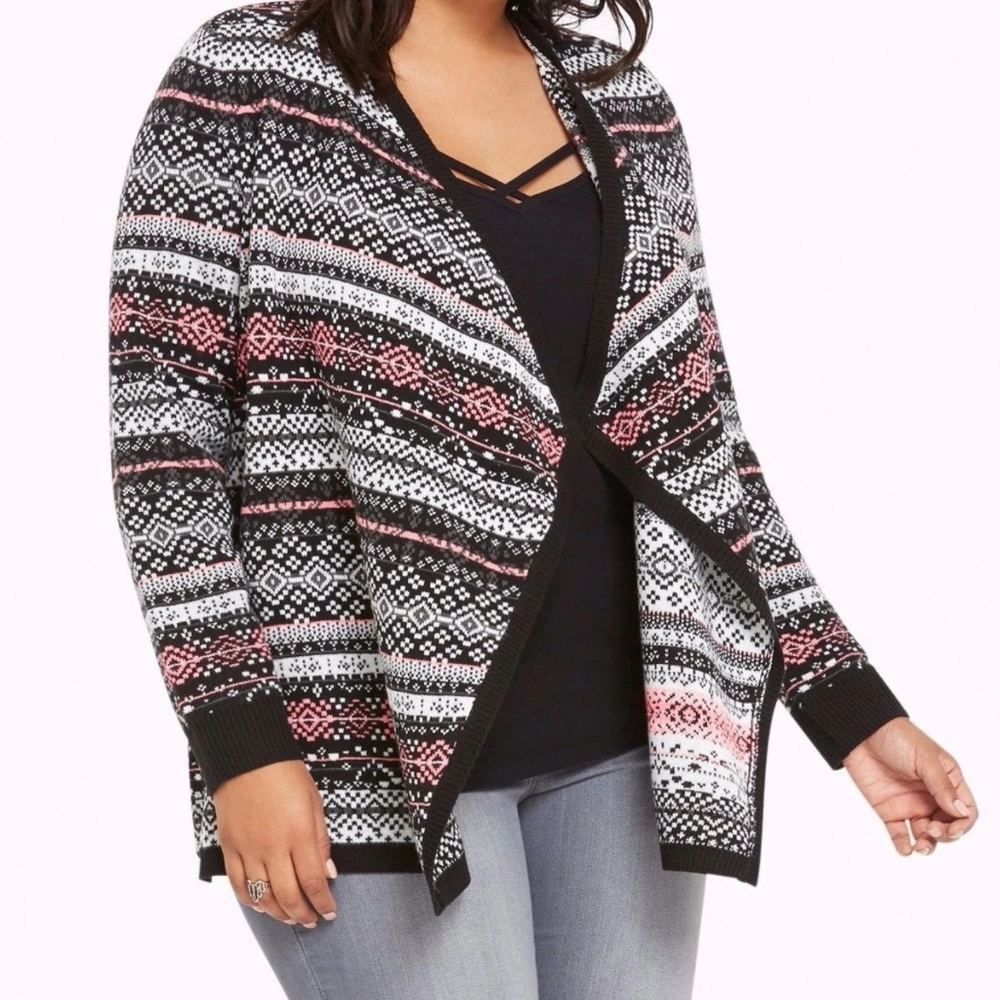 Torrid 3 3X 22/24 Pink Black Fair Isle Stripe Open Drape Front Cardigan Sweater